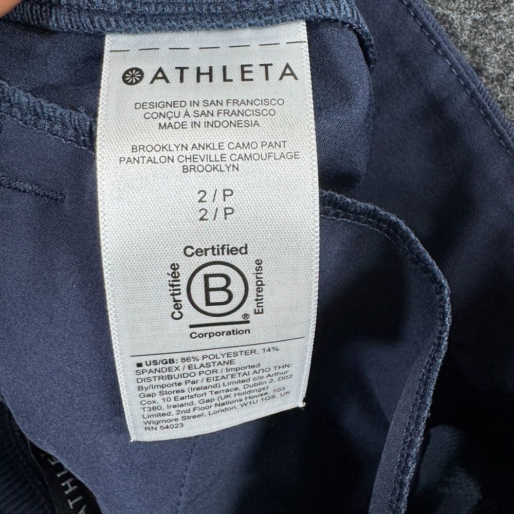 Athleta Brooklyn Camo Pants Women's 2 Petite Blue Navy Joggers Stretch - Picture 9 of 10